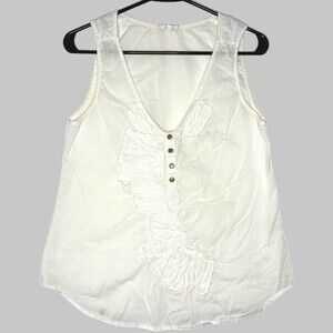 Clu Womens Top Small White Cotton V-Neck Sleeveless Snaps Patches USA Made Boho